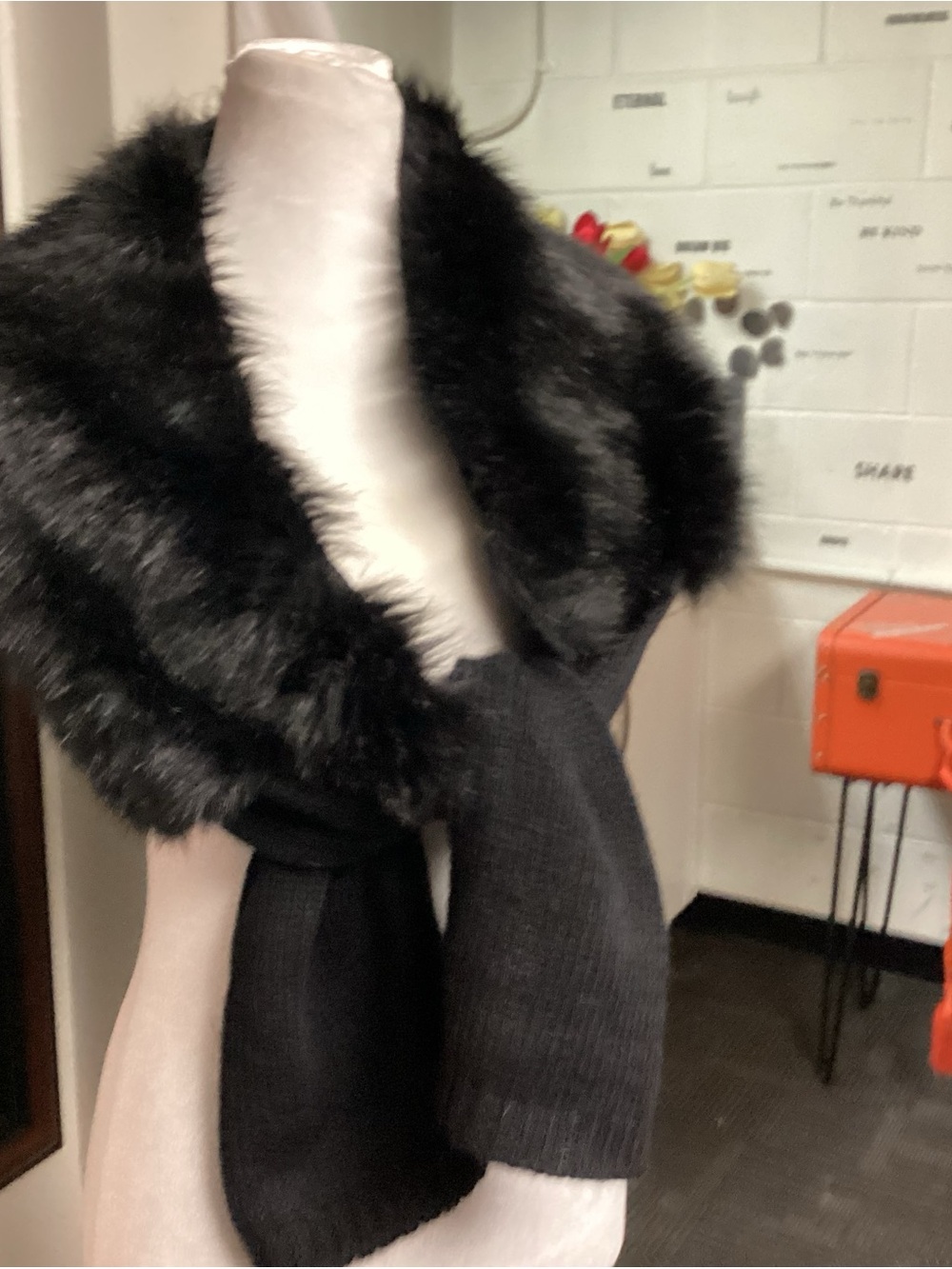 Black Faux Fur Collar Knit Scarf - Women's Accessory
